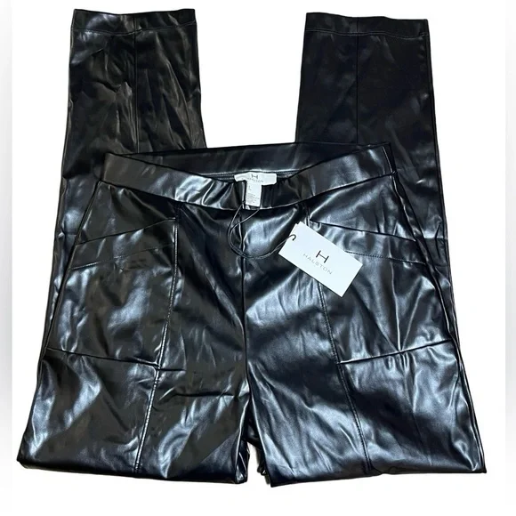 Halston Black Faux Leather Seam Detail Pants, Size S, NWT - Picture 1 of 6
